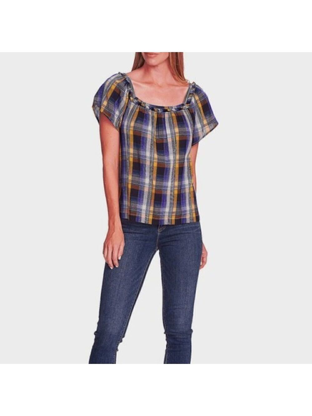 VINCE Camuto New Blue Plaid Top BNWT Short Sleeve - Picture 2 of 8
